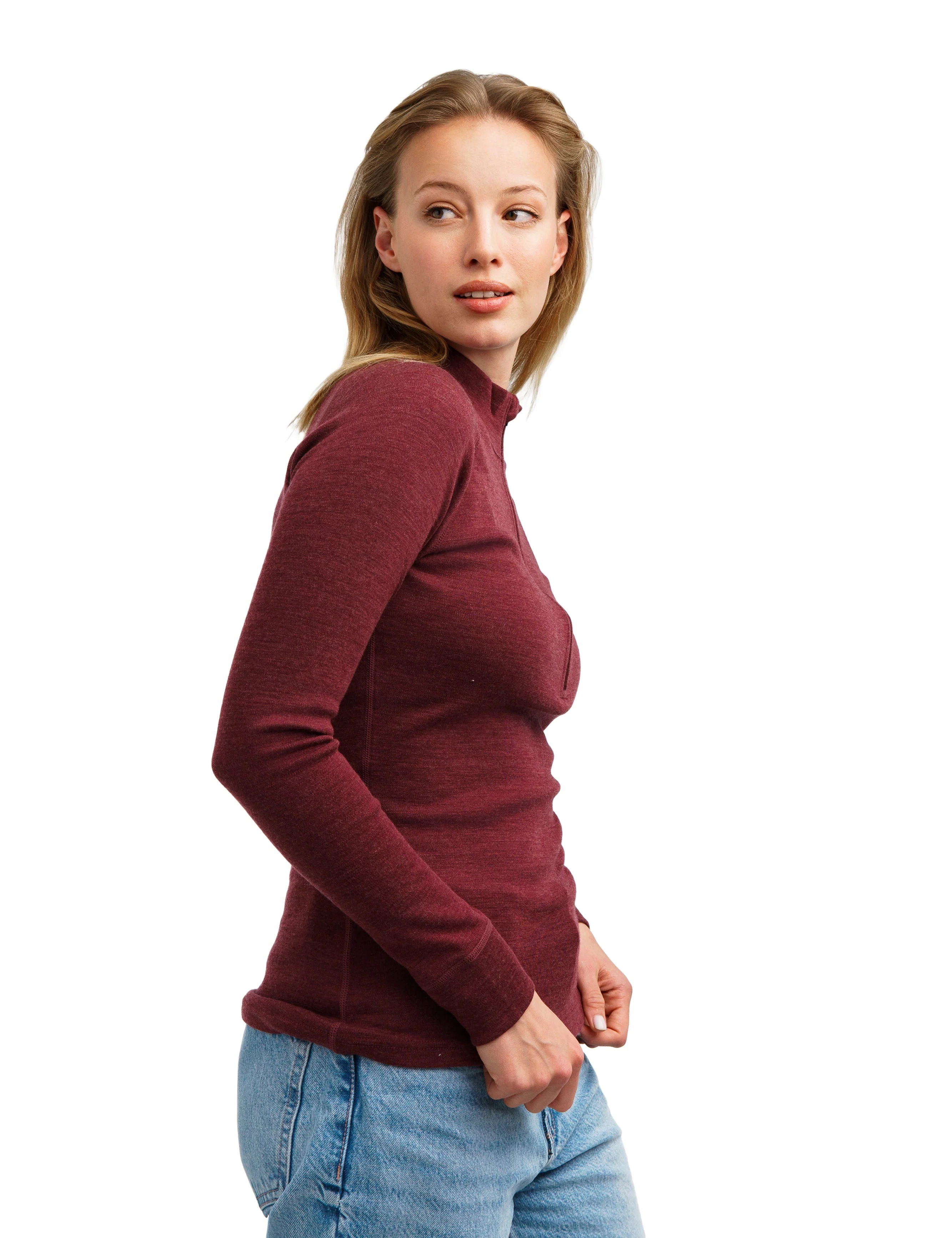 Women's Merino Half Zip Long Sleeve 320 Burgundy - Image 4
