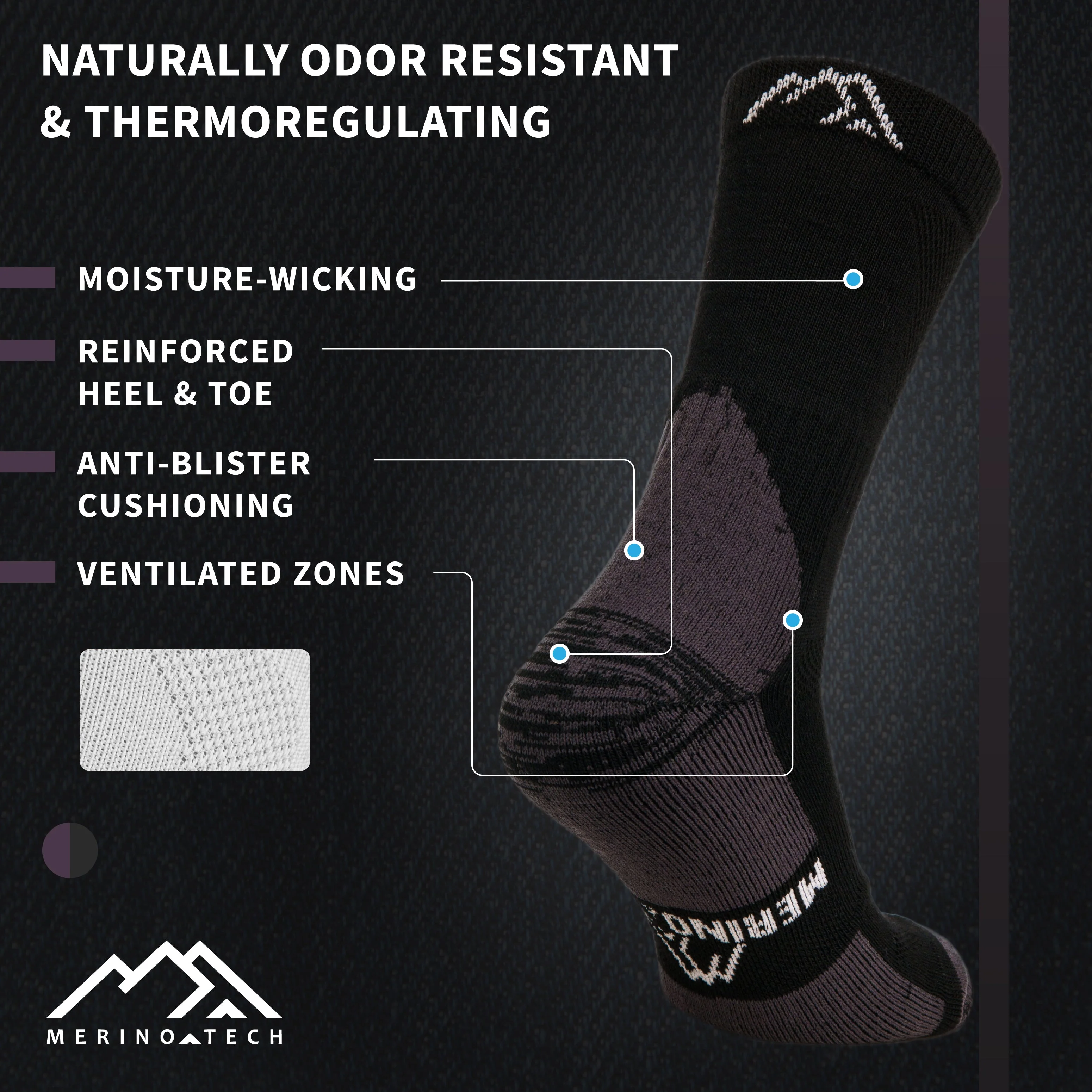 Merino Wool Hiking Socks - (Pack of 3) Black - Image 6