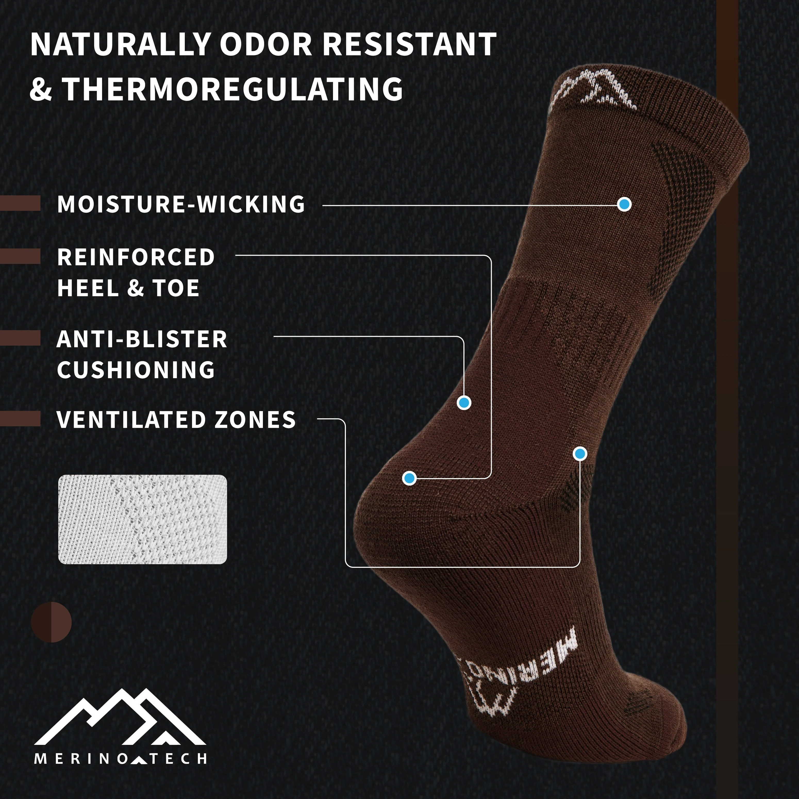 Merino Wool Hiking Socks - (Pack of 3) Brown - Image 6