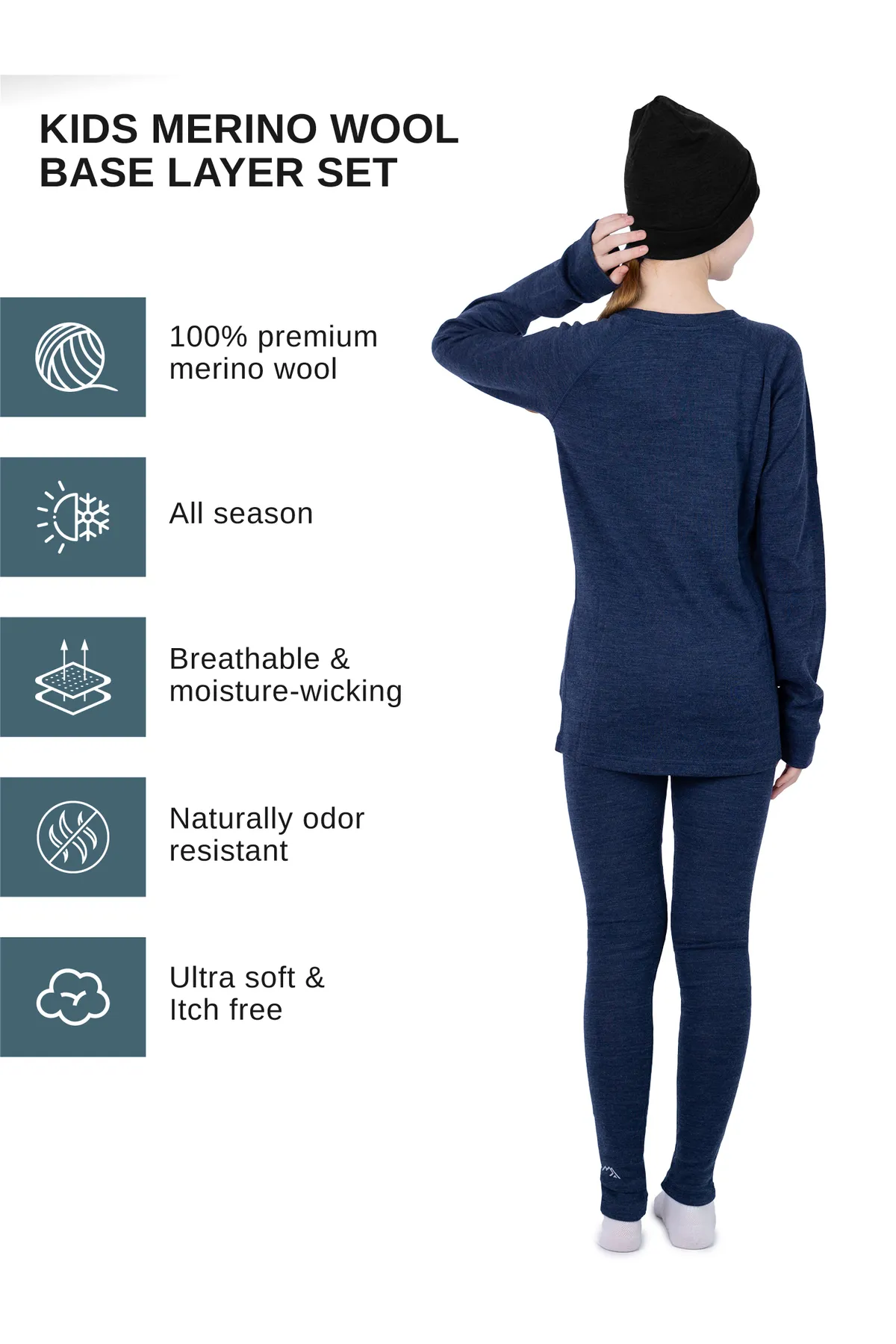 Kids’ Merino Wool Thermal Set 250 Navy + Black Beanie - Image 3