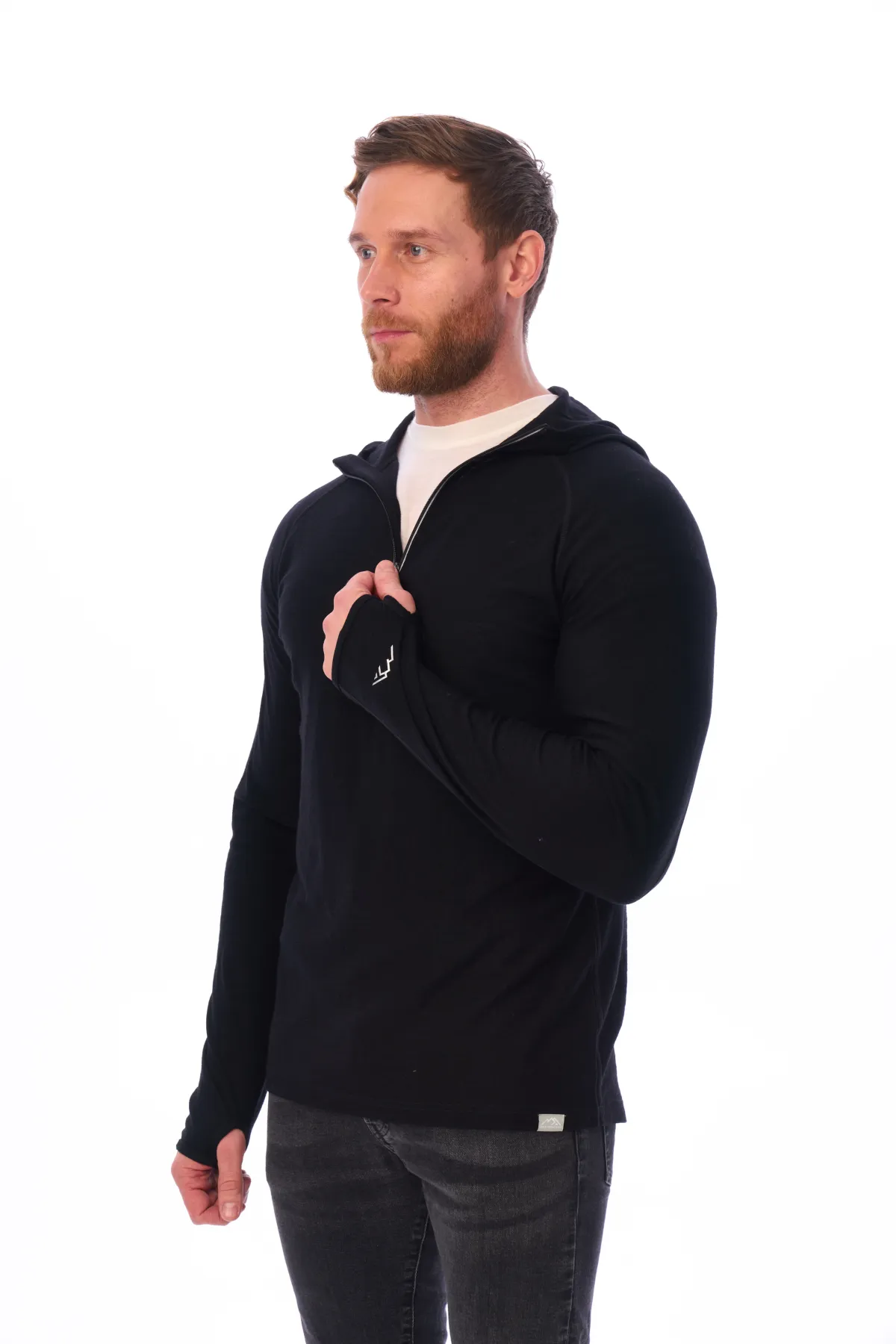Men's Merino Wool Half Zip Hoodie 190 Black - Image 6