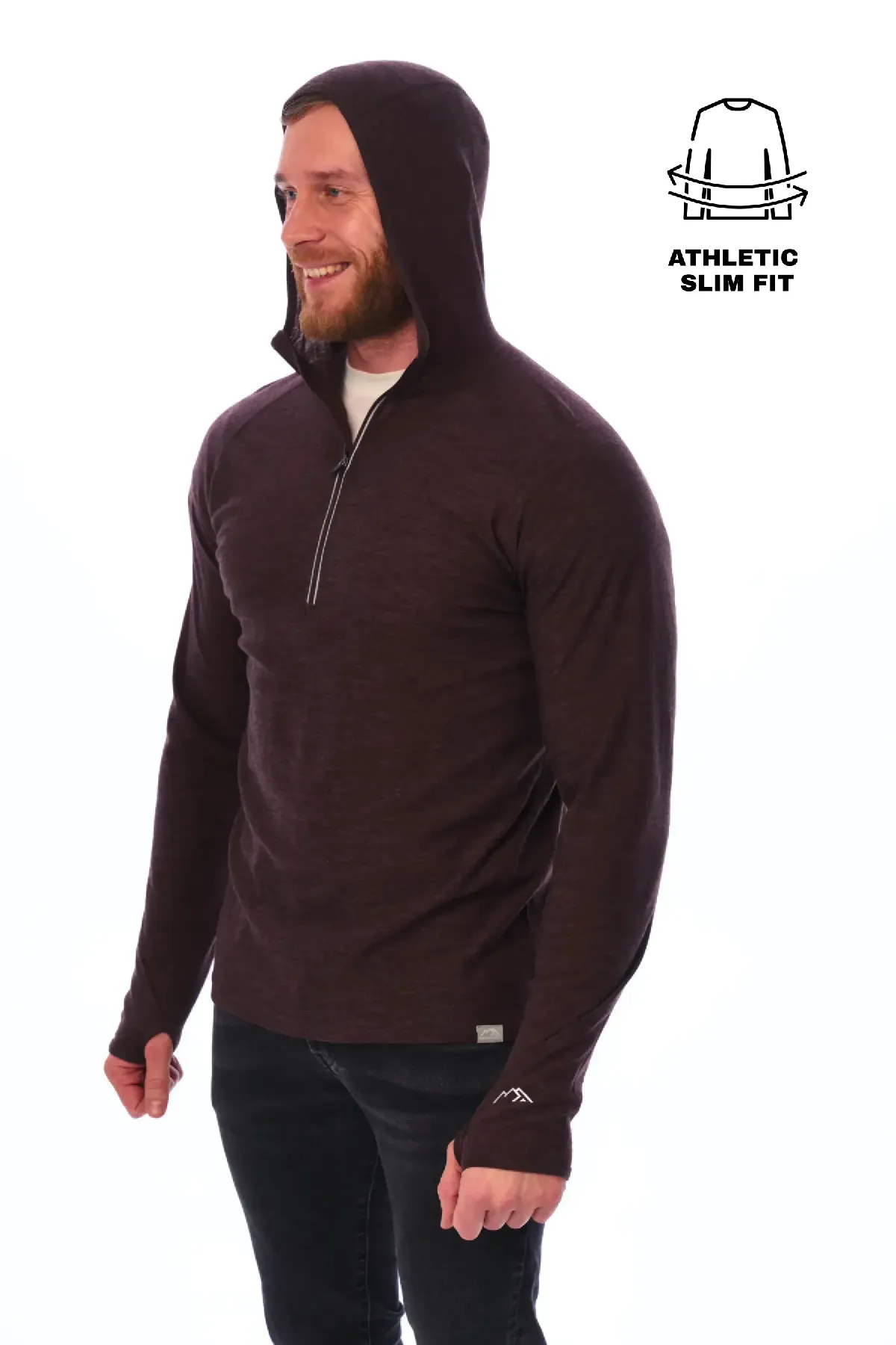 Men's Merino Wool Half Zip Hoodie 190 Chocolate - Image 4