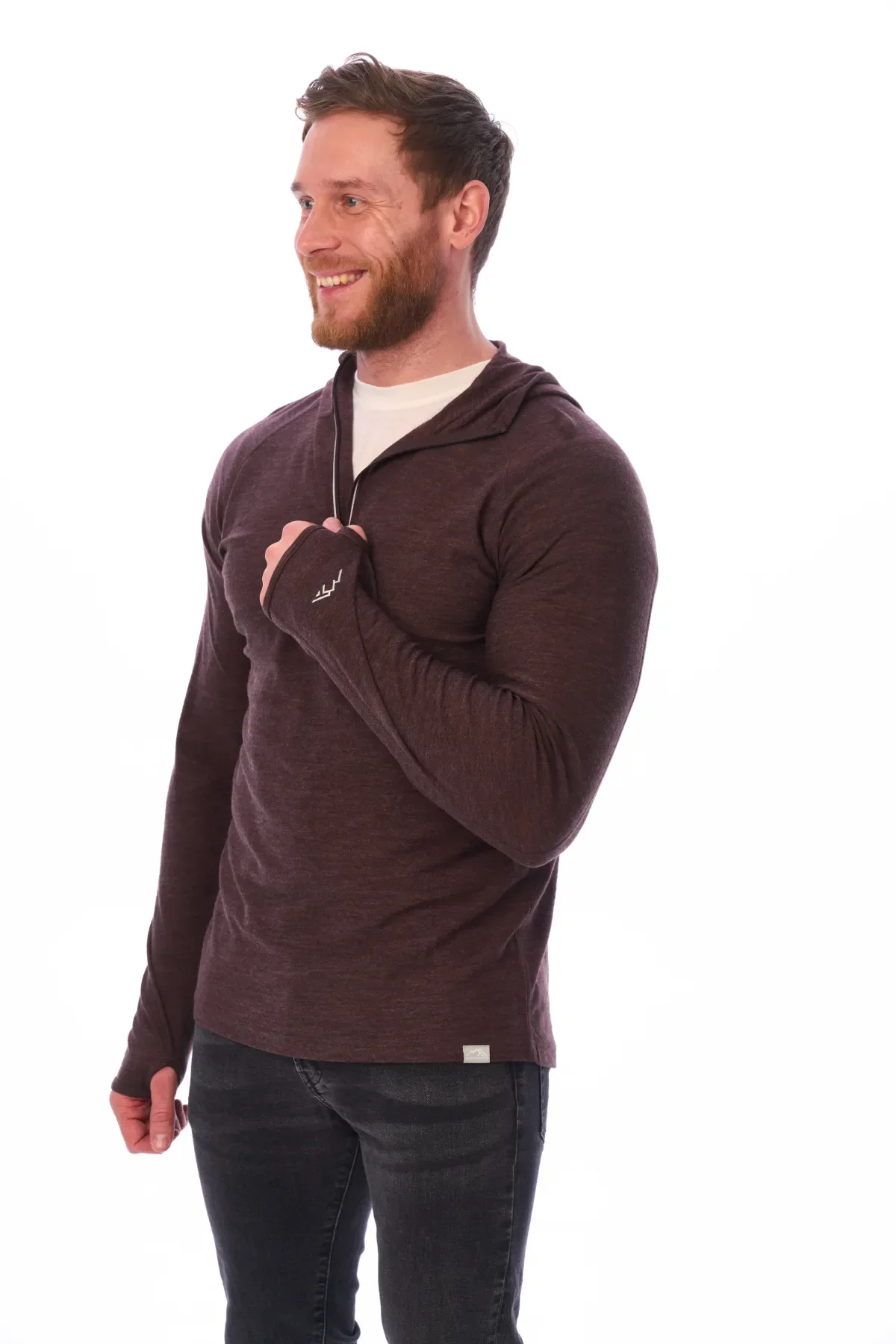 Men's Merino Wool Half Zip Hoodie 190 Chocolate - Image 7