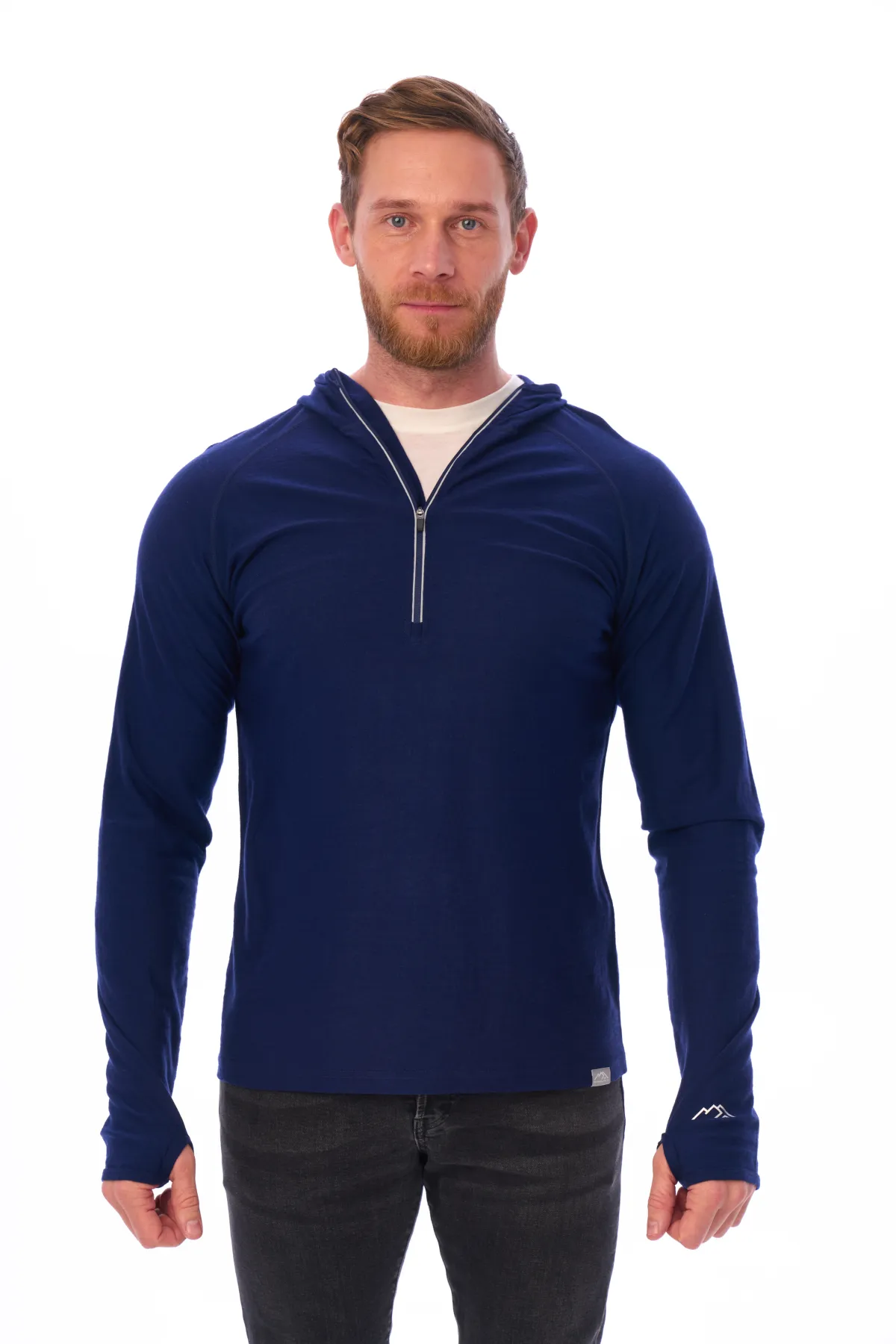 Men's Merino Wool Half Zip Hoodie 190 Navy - Image 6