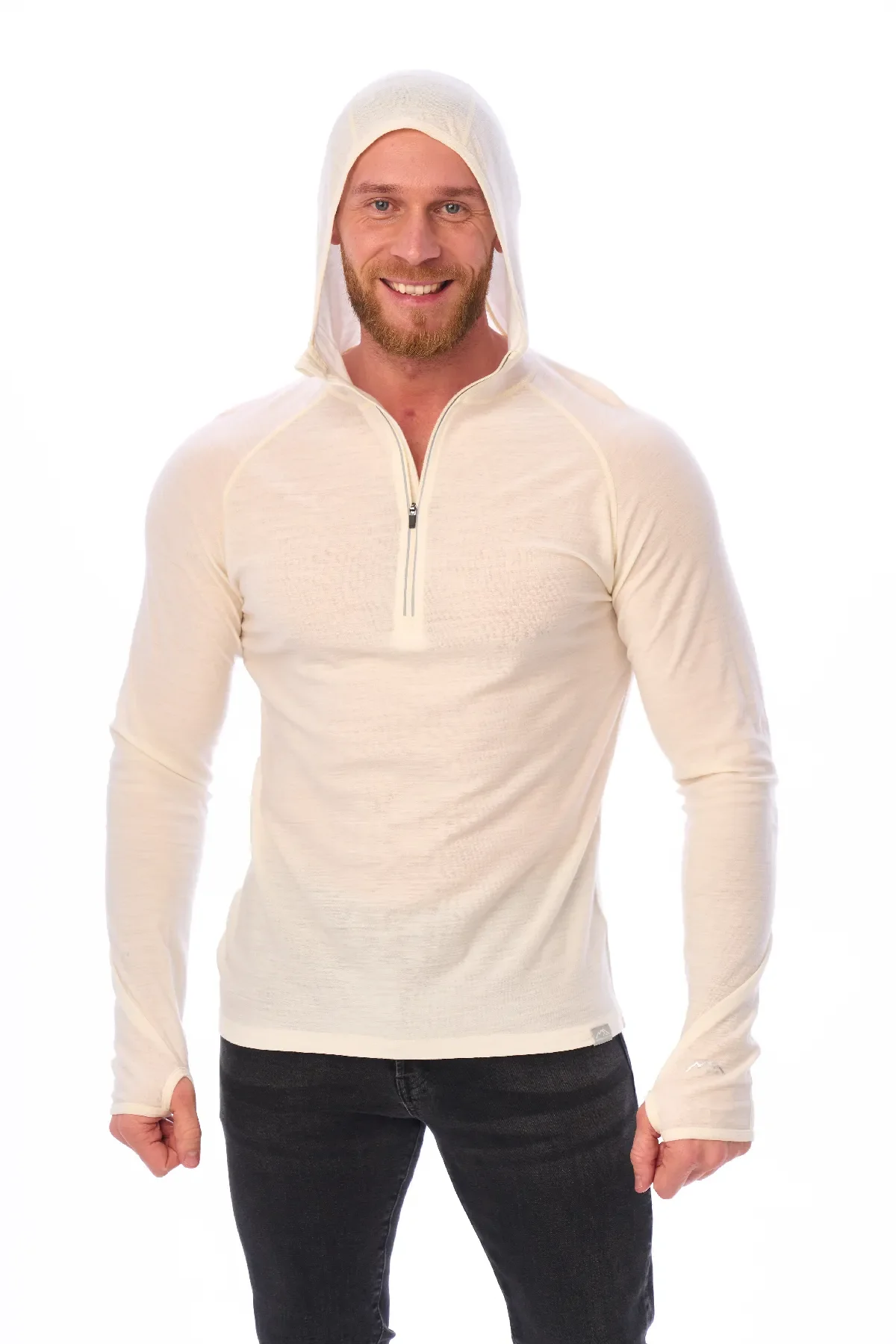 Men's Merino Wool Half Zip Hoodie 190 Off White - Image 3