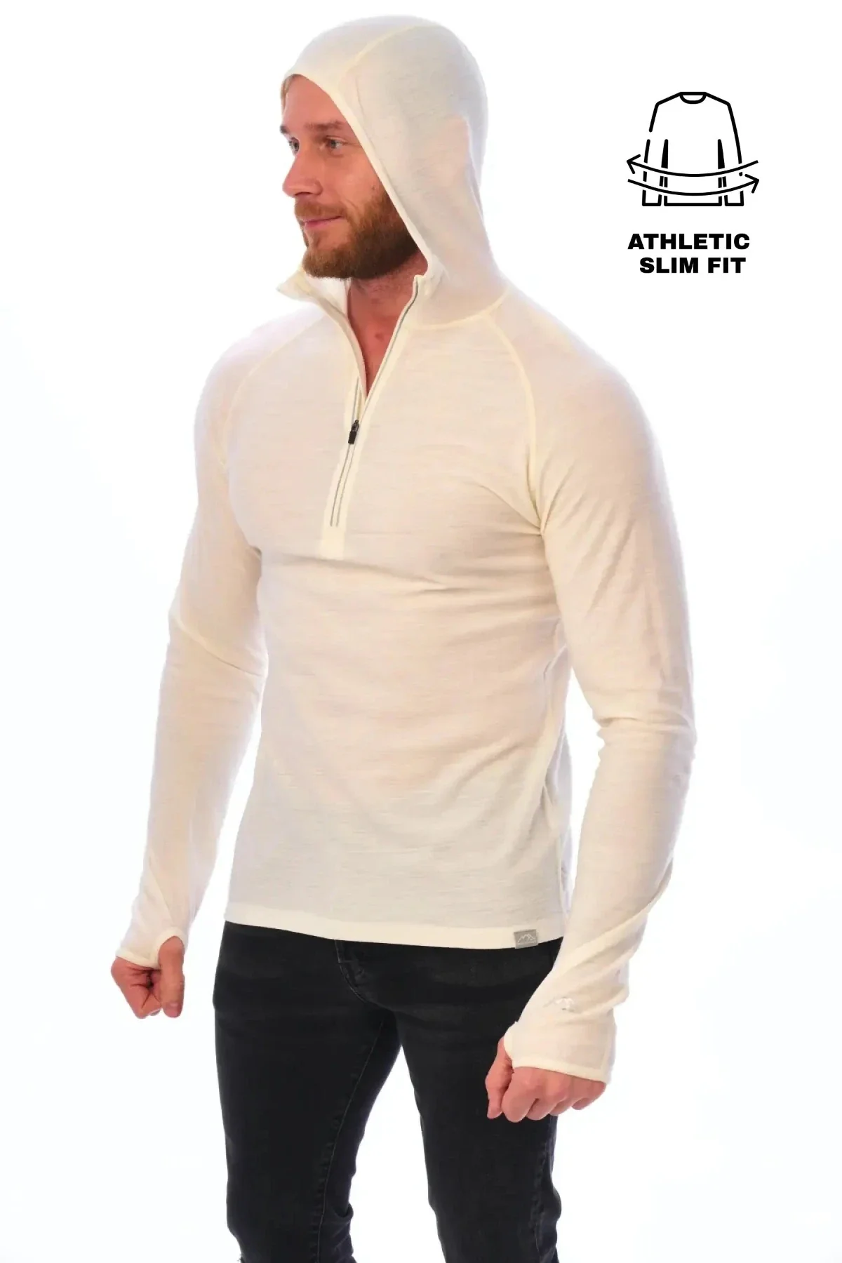 Men's Merino Wool Half Zip Hoodie 190 Off White - Image 4