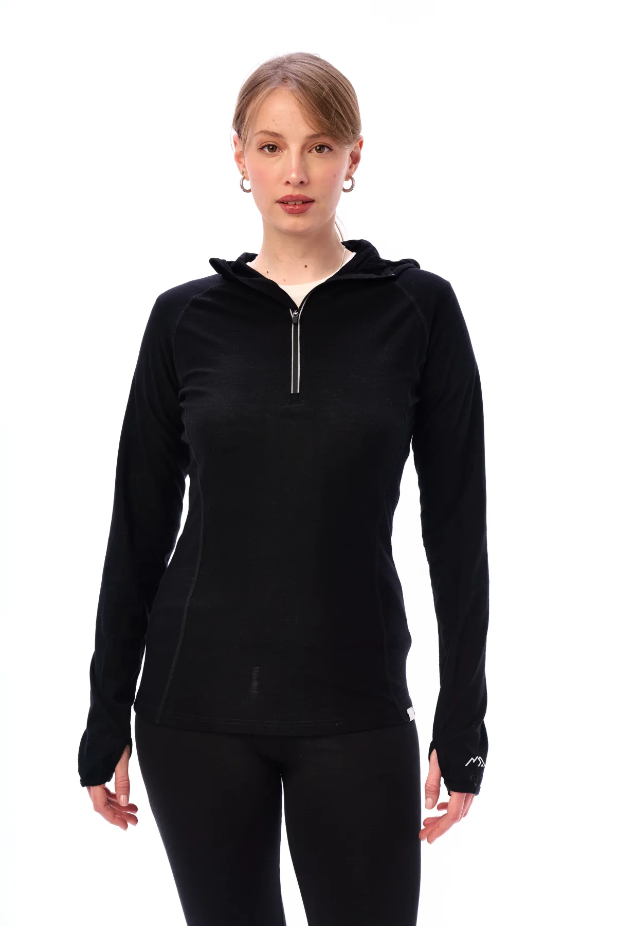 Women's Merino Wool Half Zip Hoodie 190 Black - Image 5
