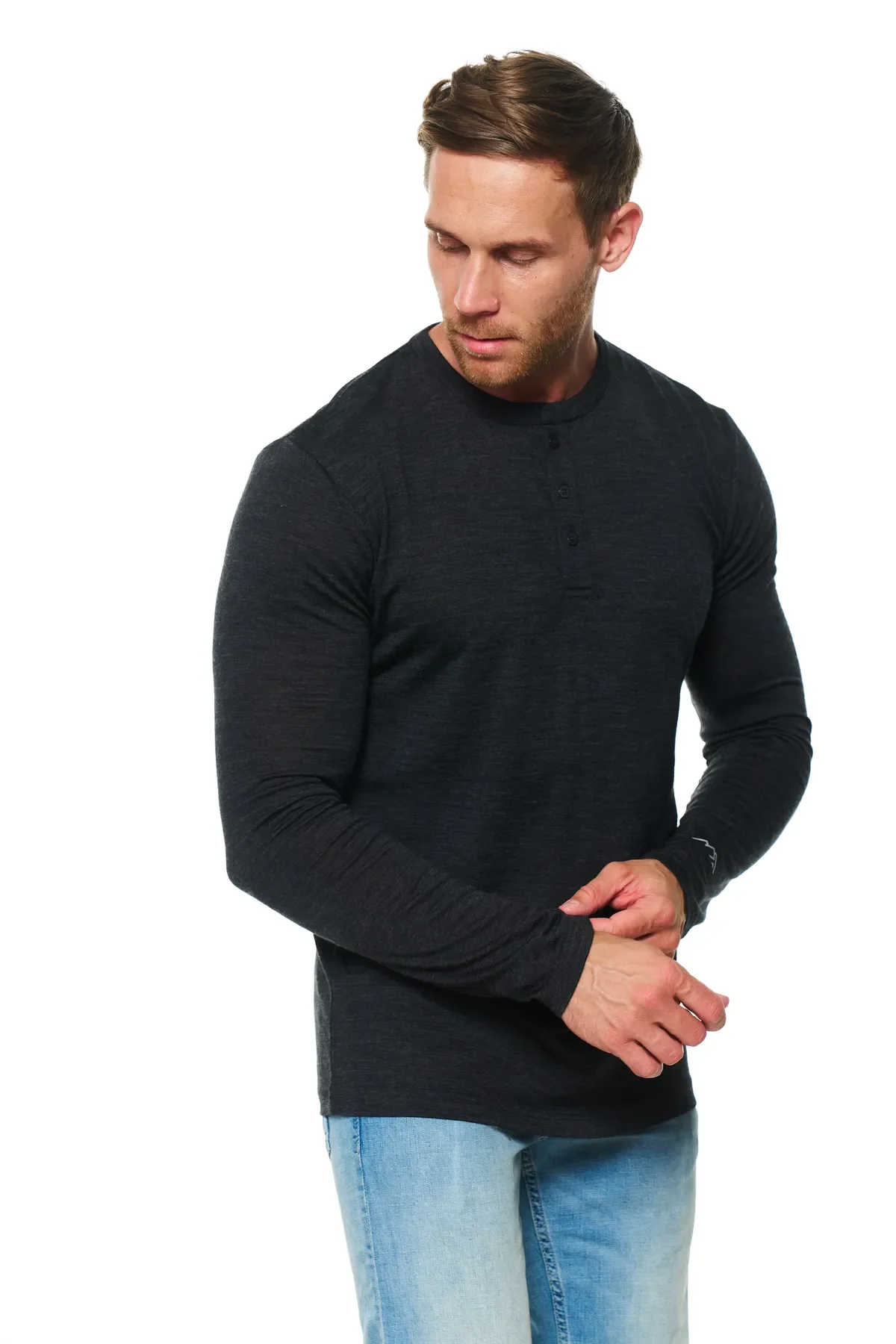 Men's Merino Wool Henley Long Sleeve 170 Charcoal - Image 5