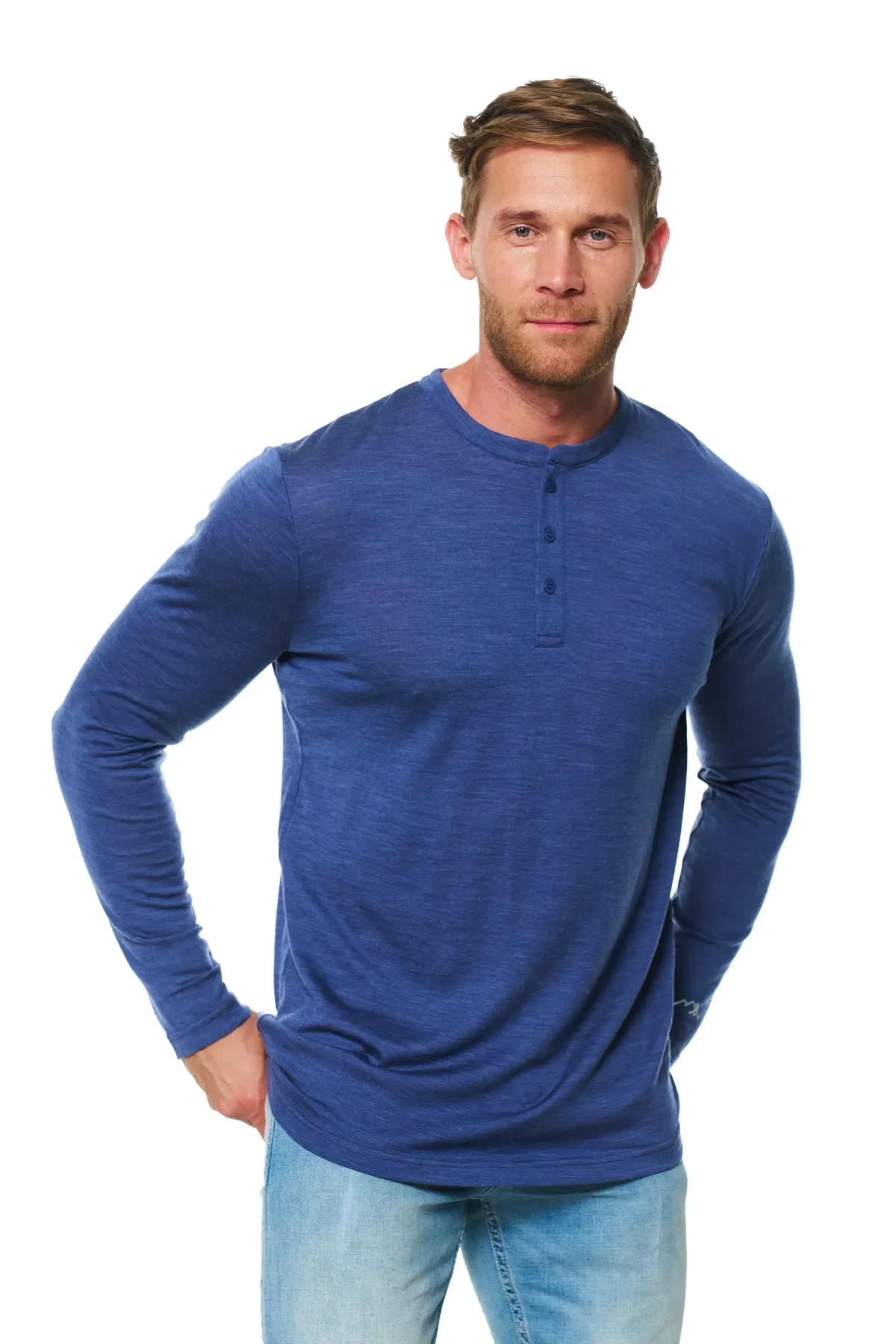 Men's Merino Wool Henley Long Sleeve 170 Grey Blue - Image 3