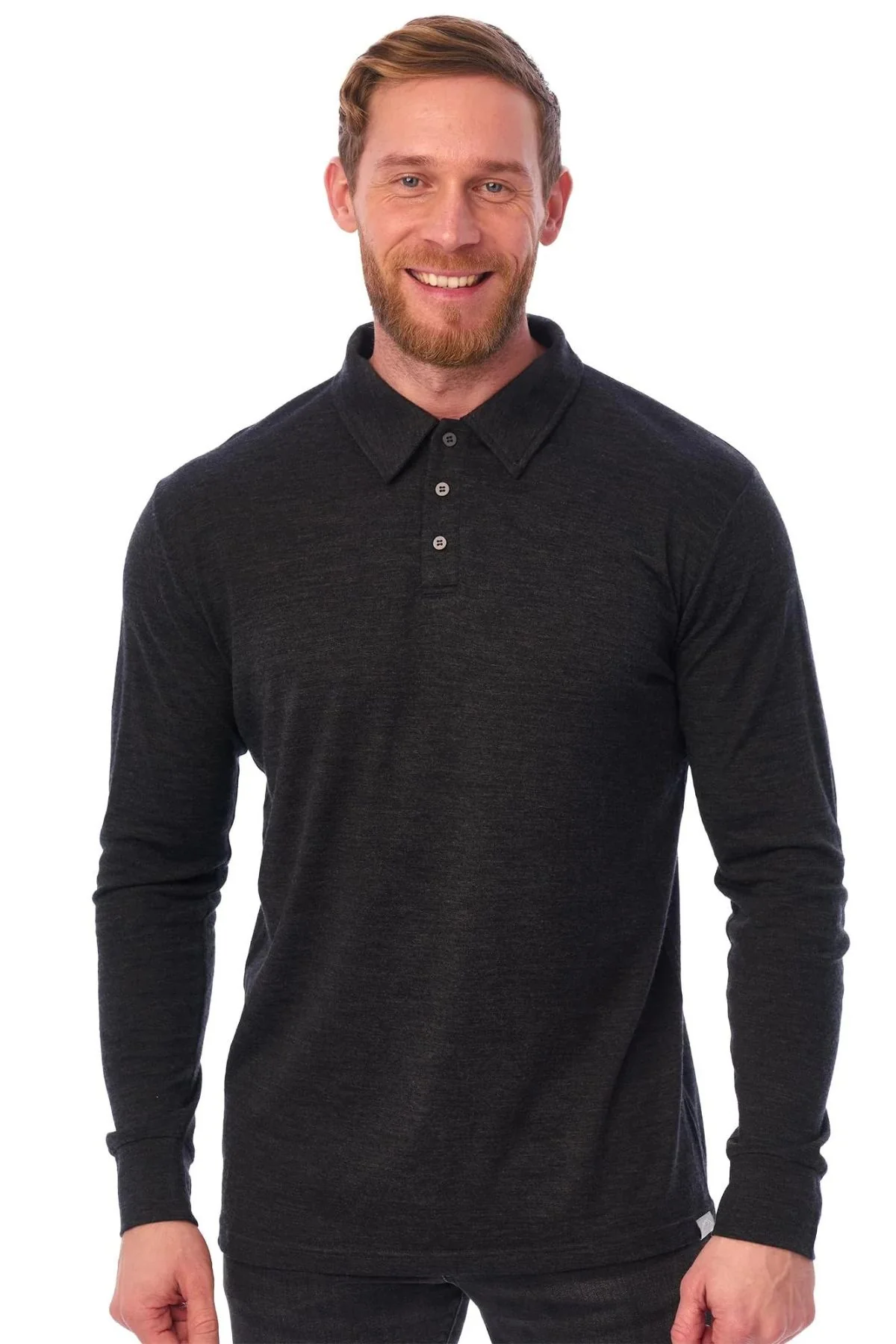 Men's Merino Wool Long Sleeve Polo 165 Charcoal