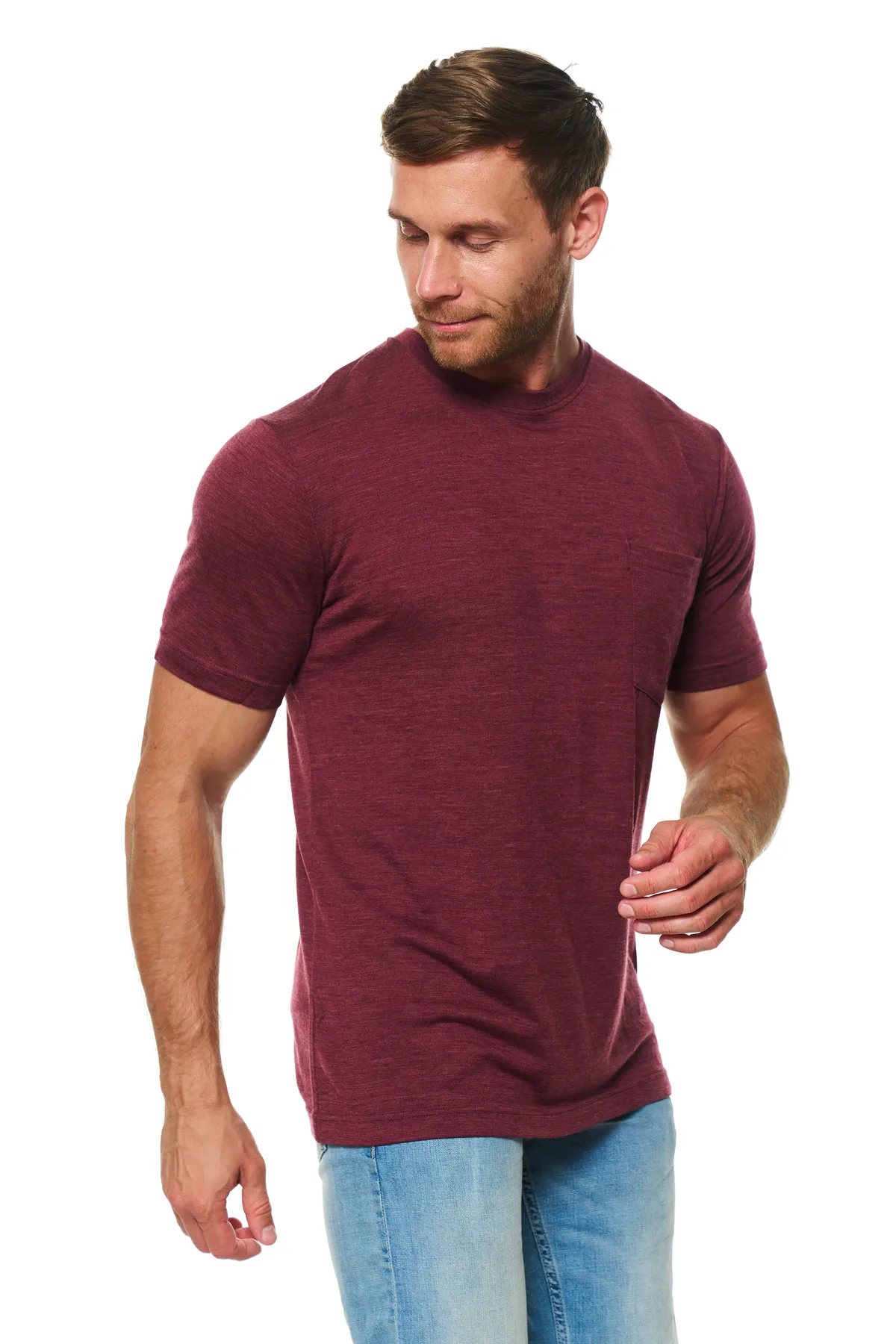 Men's Merino Wool Burgundy Pocket T-Shirt - Image 6