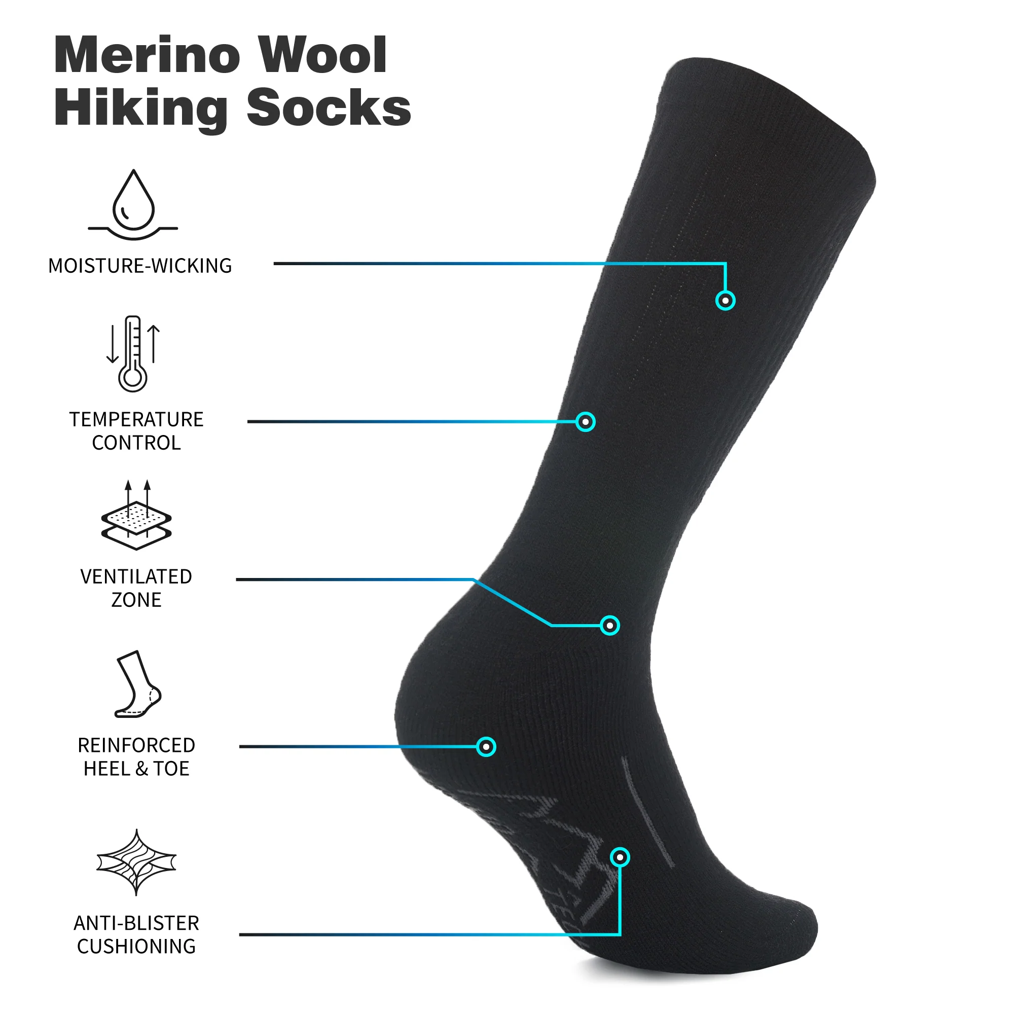 Merino Wool Hiking Socks - (Pack of 3) Black Oil - Image 3