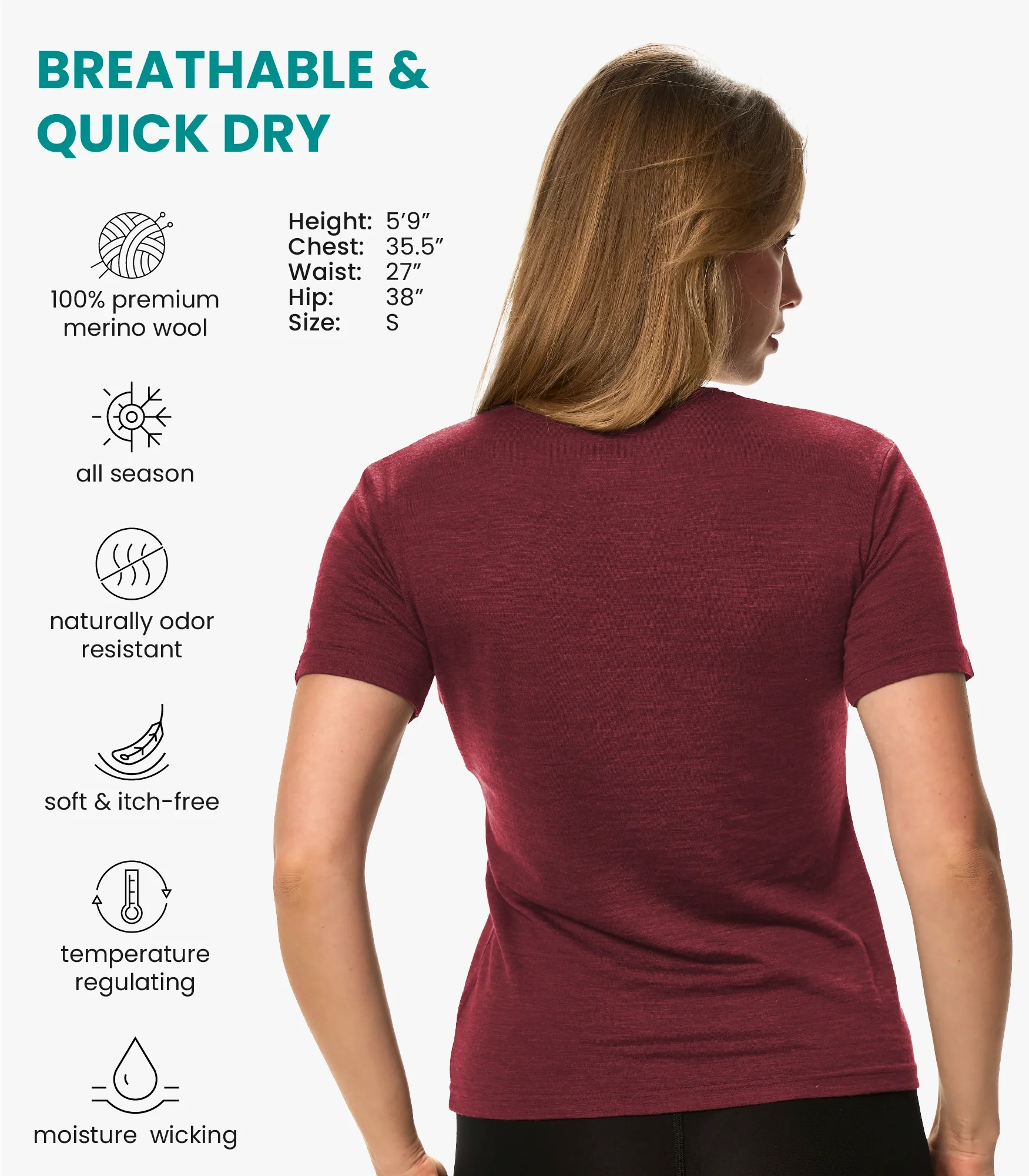 Women's Merino T-shirt 180 Burgundy Wine | Crewneck - Image 2