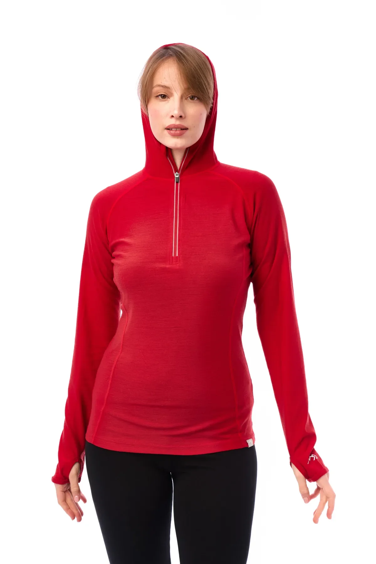 Women's Merino Wool Half Zip Hoodie 190 Cherry Red - Image 3