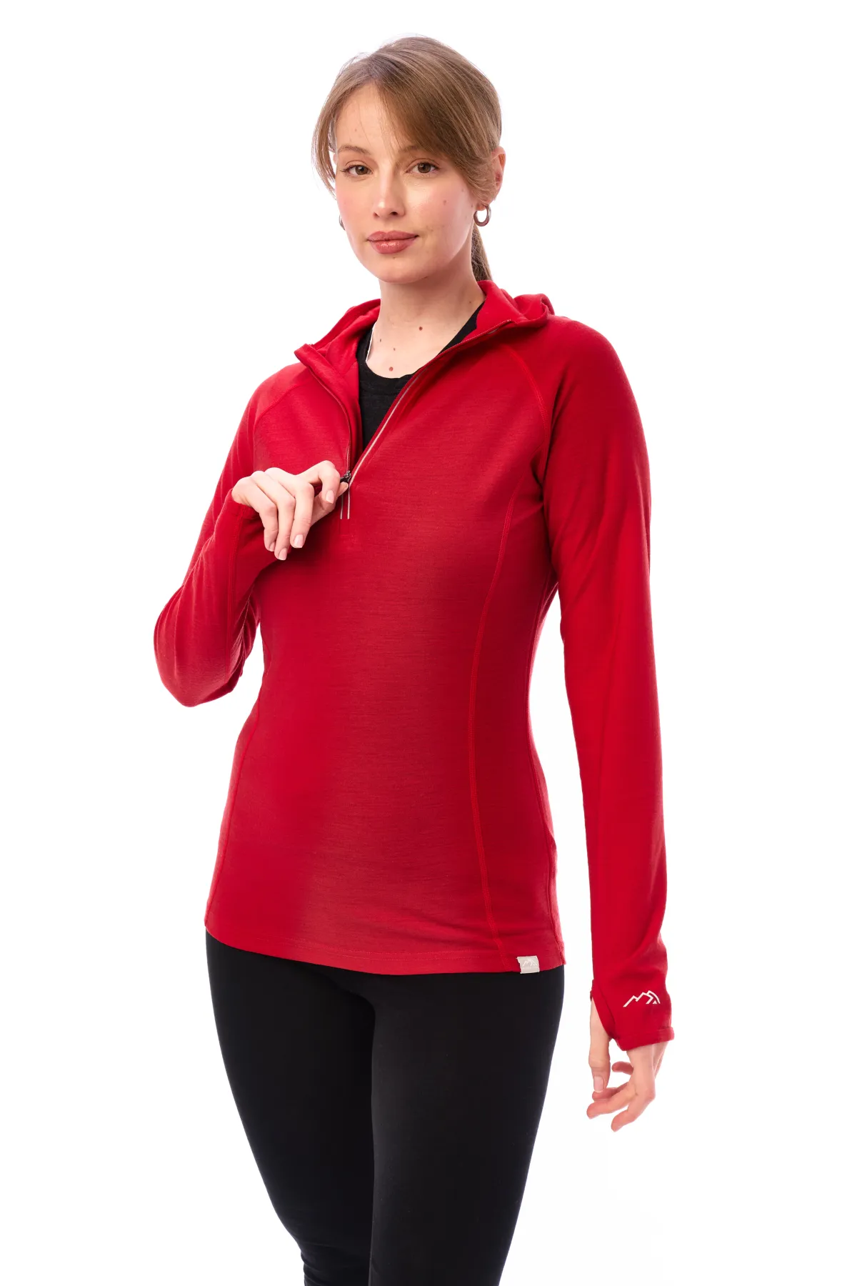 Women's Merino Wool Half Zip Hoodie 190 Cherry Red - Image 6